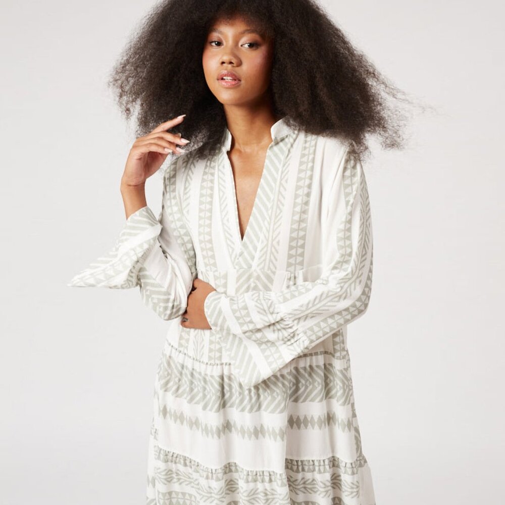 Silk & Salt Summer of Love Sage Green & White Maxi Dress, Long Sleeve, V-Neck - Picture 2 of 9